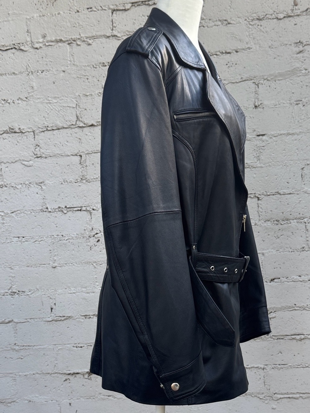 ✨RARE✨ Nasty Gal Collection Leather Oversized Moto Jacket Trench Coat Size 4 - Picture 2 of 10
